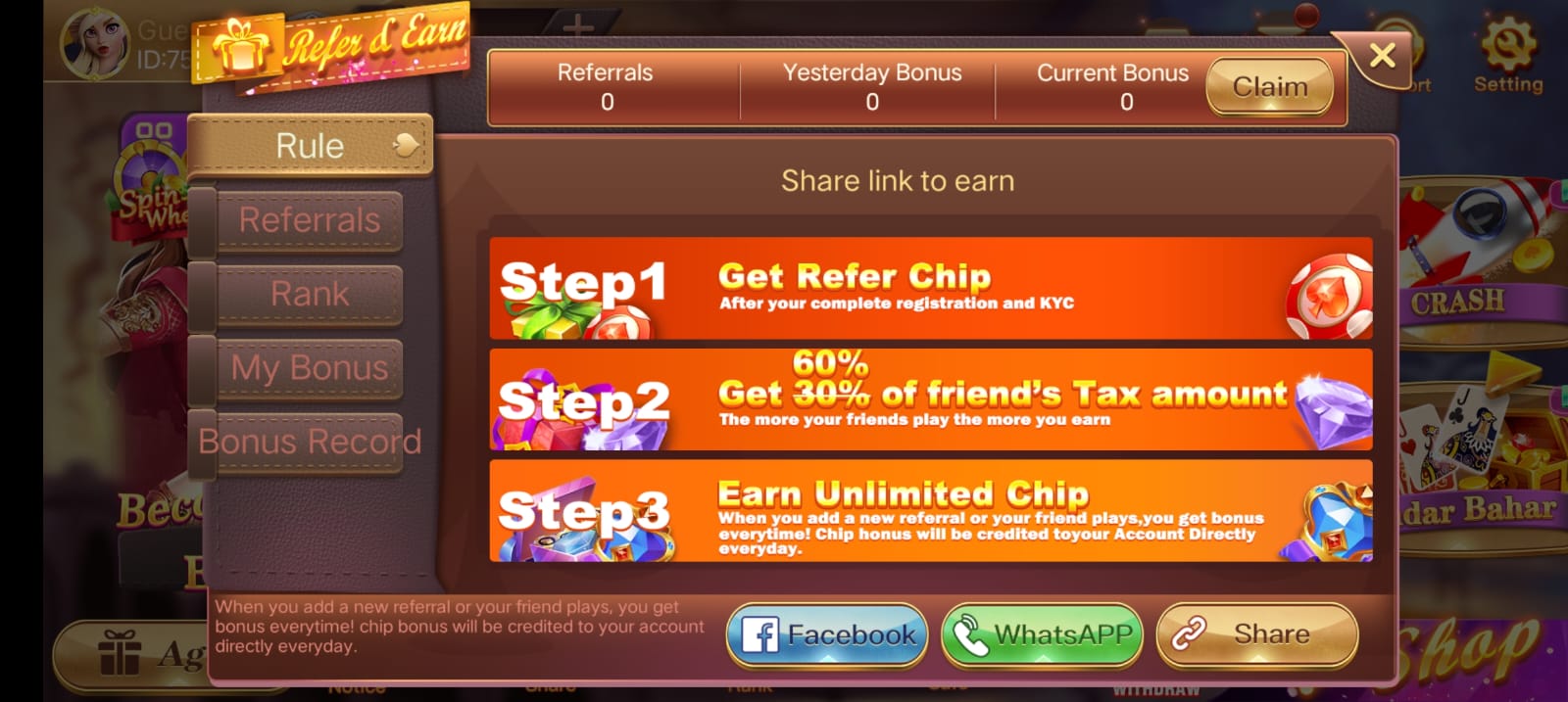 REFER AND EARN IN RUMMY ARES APP