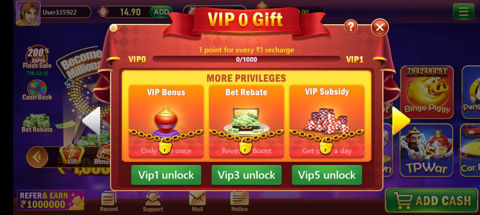 VIP, Bonus Card, and Daily Cash in 3 Patti Origin App