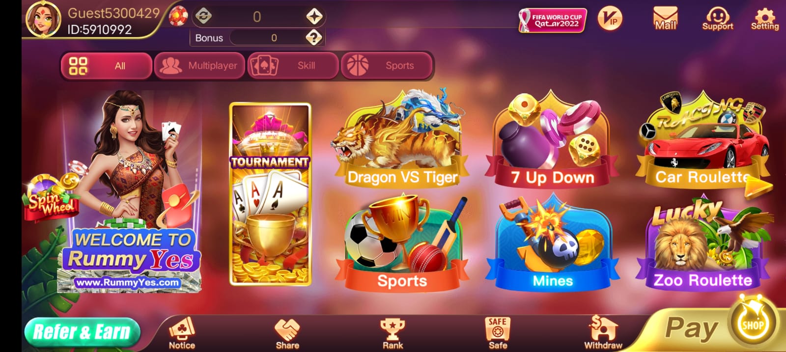 Available Games on Rummy Yes Apk