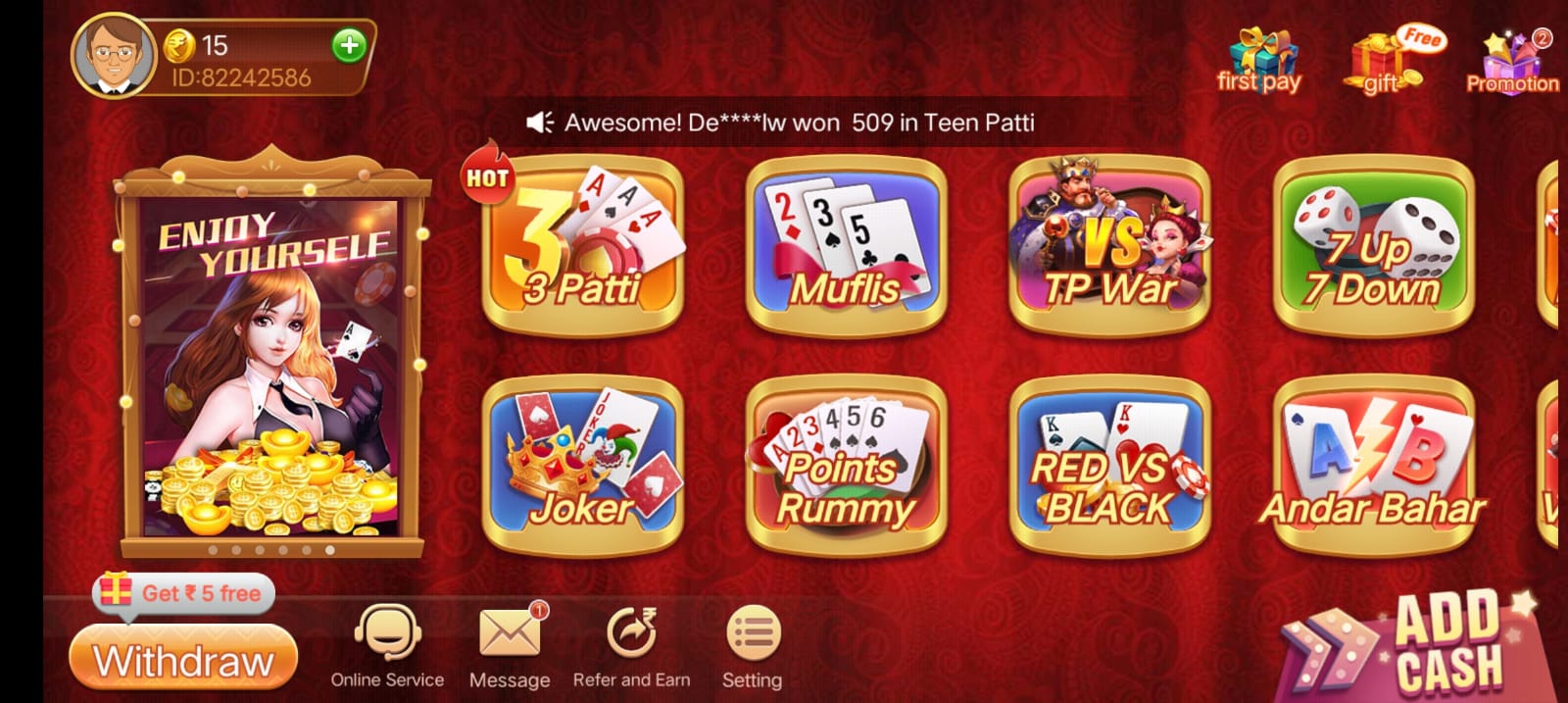 Available Games on Teen Patti Club App