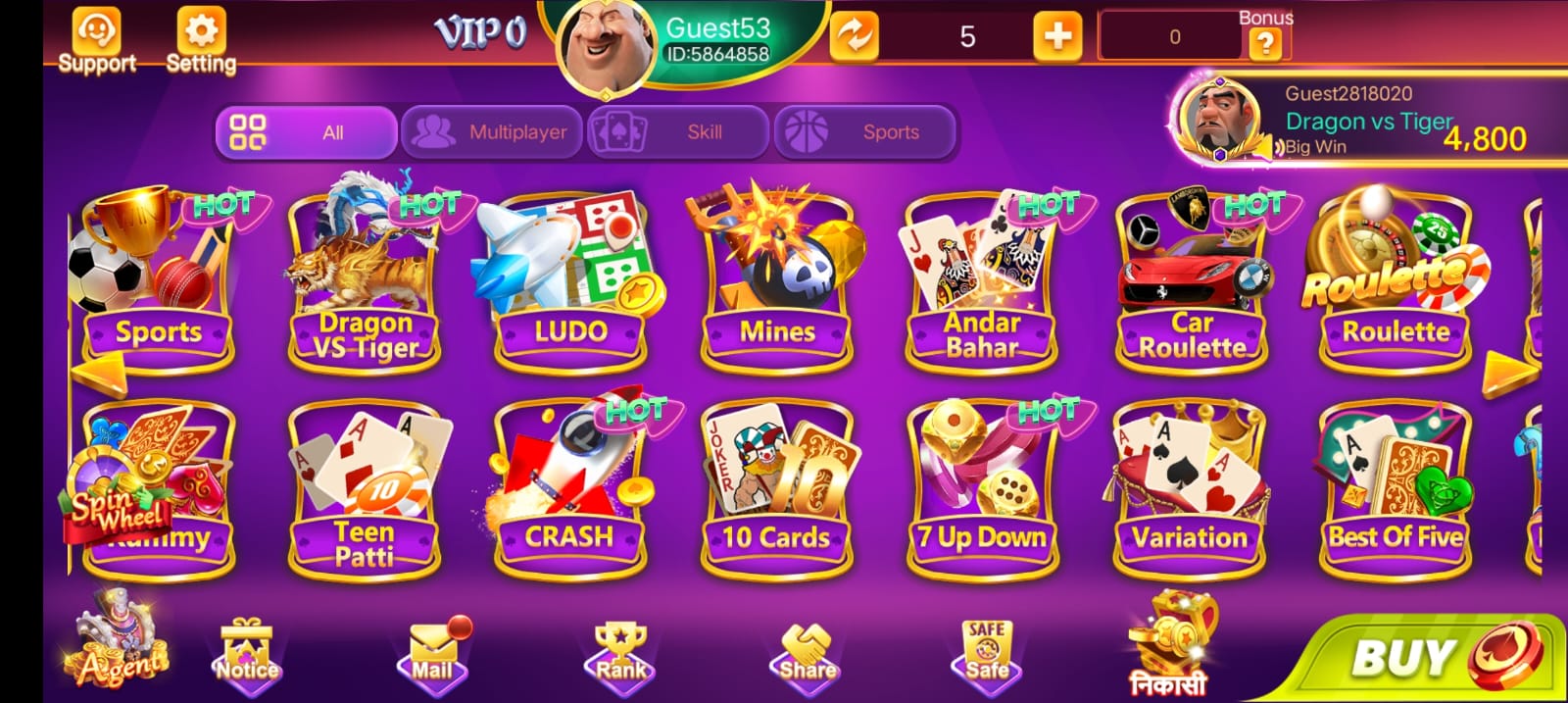 Available Games on Teen Patti Live Apk