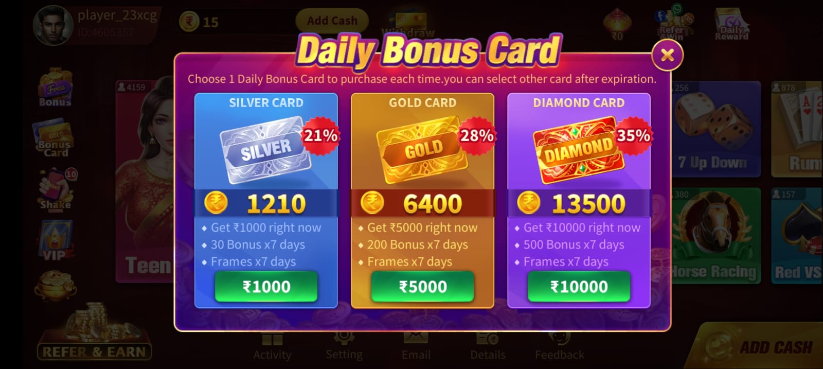 Daily Bonus Card In Rummy Master App 