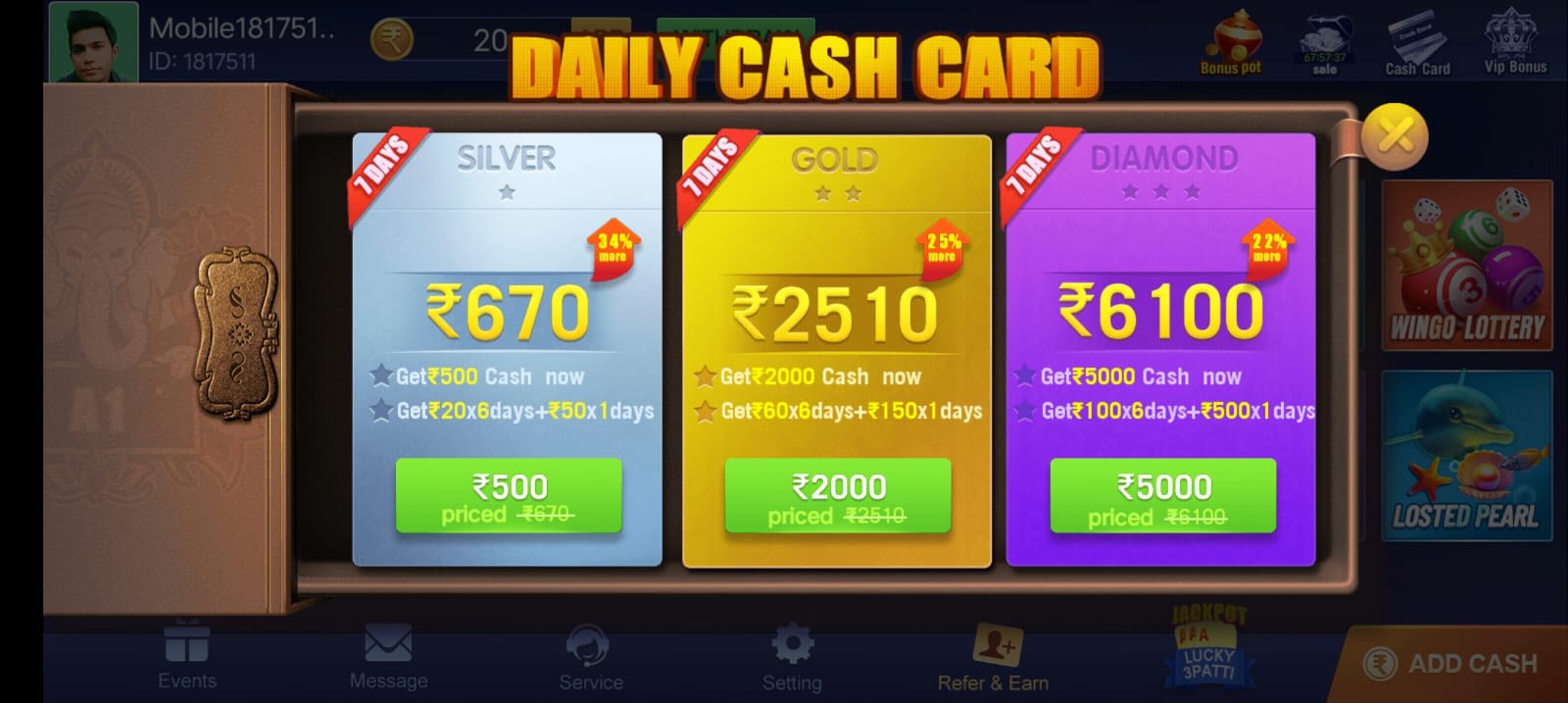 Daily Cash Card In Rummy Soft Application